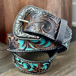 American Bison Genuine Leather,tooled floral,turquoise accents,silvertone buckle